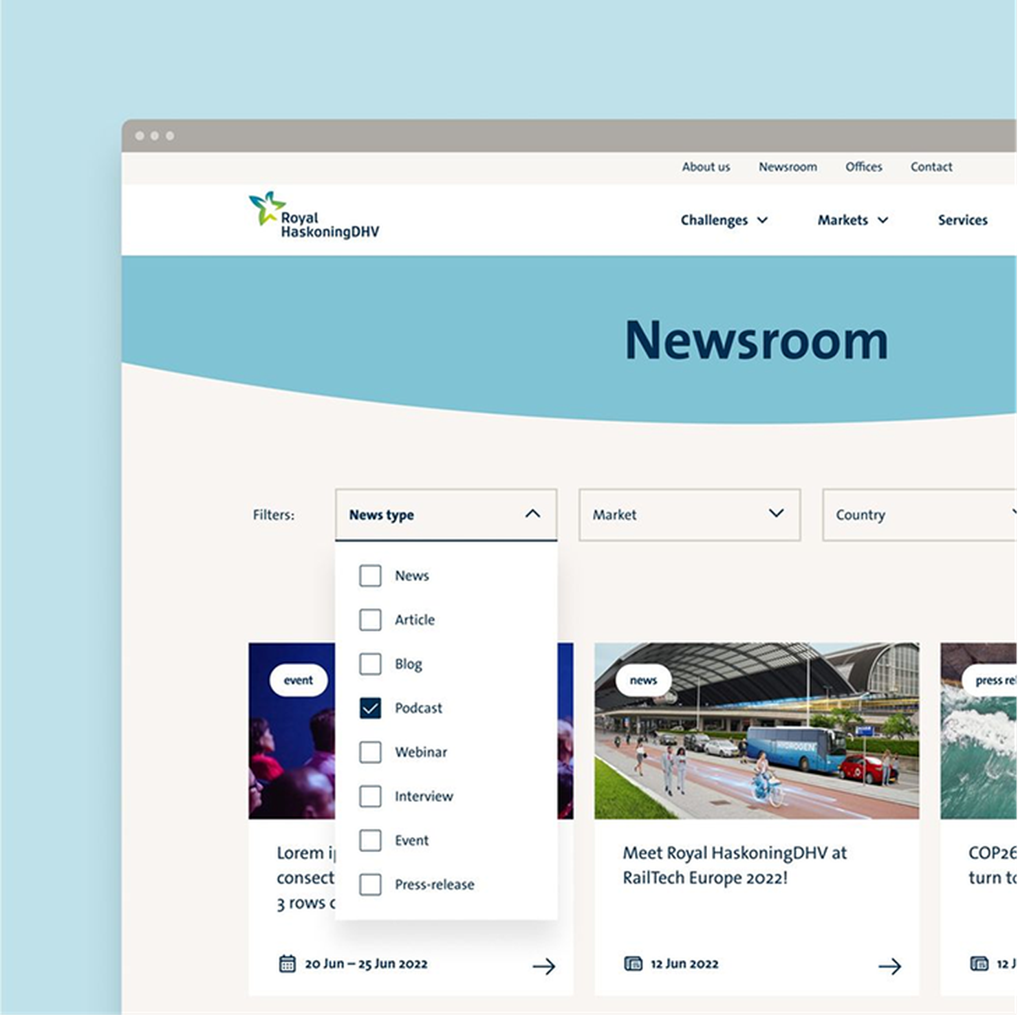 Webpage screenshot showing a newsroom with a dropdown menu for news type selection, including news, articles, podcasts, webinars, and events.